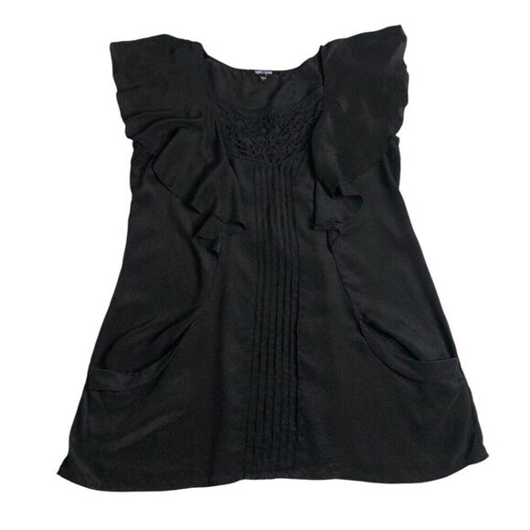 Daniel Rainn Top M Black Silk Crochet Flutter Sleeve Tunic Fairy Cottage Peasant - Picture 1 of 13